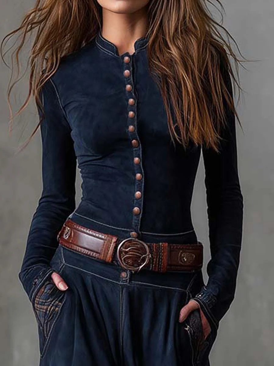 Navy suede-look dress close-up with front button placket and wide leather belt at waist
