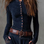 Navy suede-look dress close-up with front button placket and wide leather belt at waist