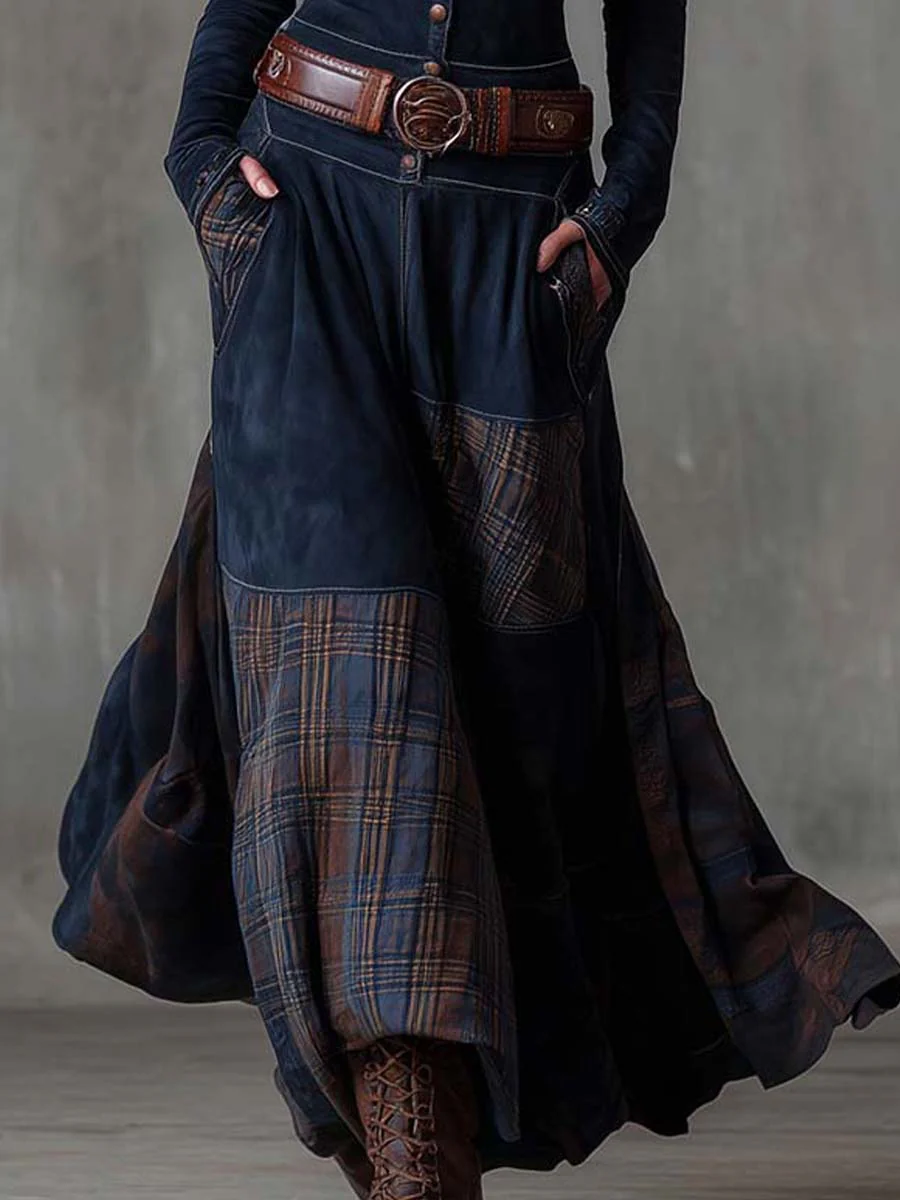 Navy suede-look maxi dress hem detail with layered plaid patchwork panels