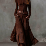 Brown suede-look maxi dress with front button placket, wide leather belt, and plaid patchwork