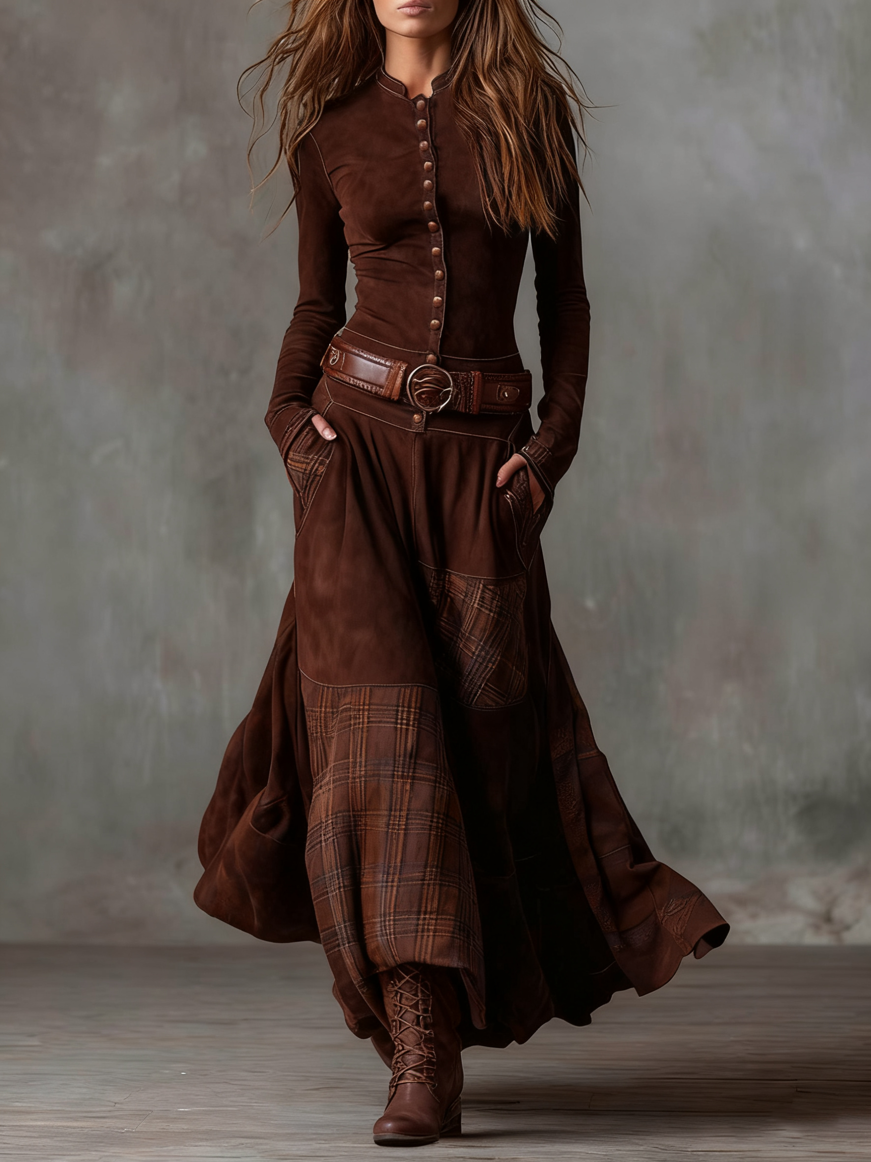 Brown suede-look maxi dress with front button placket, wide leather belt, and plaid patchwork