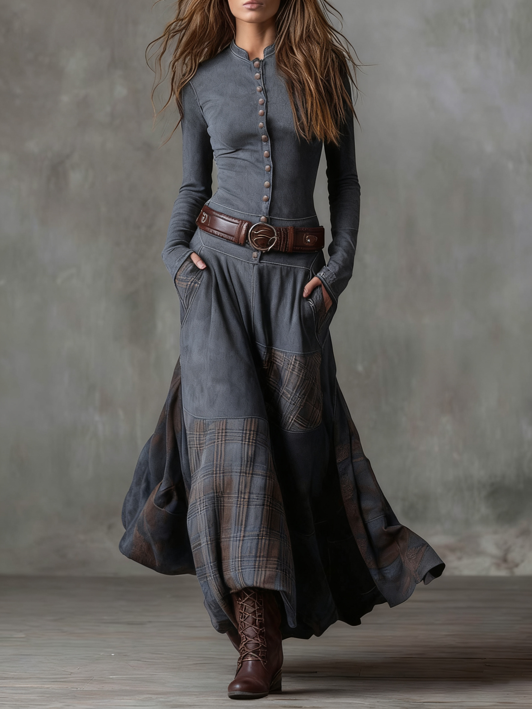 Gray suede-look maxi dress with front buttons, wide leather belt, and plaid patchwork panels