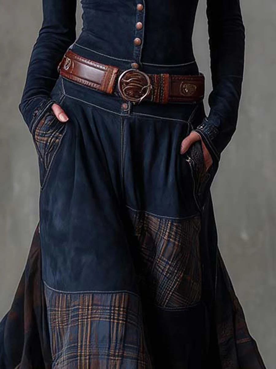 Navy suede-look maxi dress waist detail with front buttons and wide leather belt