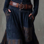 Navy suede-look maxi dress waist detail with front buttons and wide leather belt