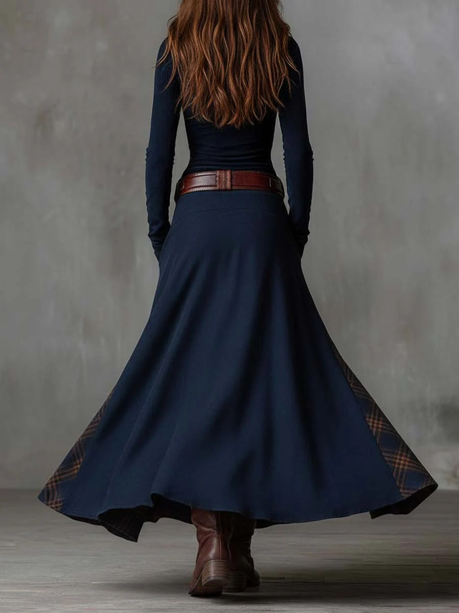 Navy suede-look maxi dress back view with gathered waist and plaid side patchwork