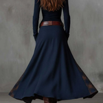 Navy suede-look maxi dress back view with gathered waist and plaid side patchwork