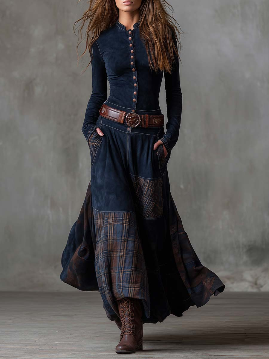 Navy suede-look maxi dress with front buttons, wide belt, and plaid patchwork skirt panels