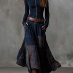 Navy suede-look maxi dress with front buttons, wide belt, and plaid patchwork skirt panels