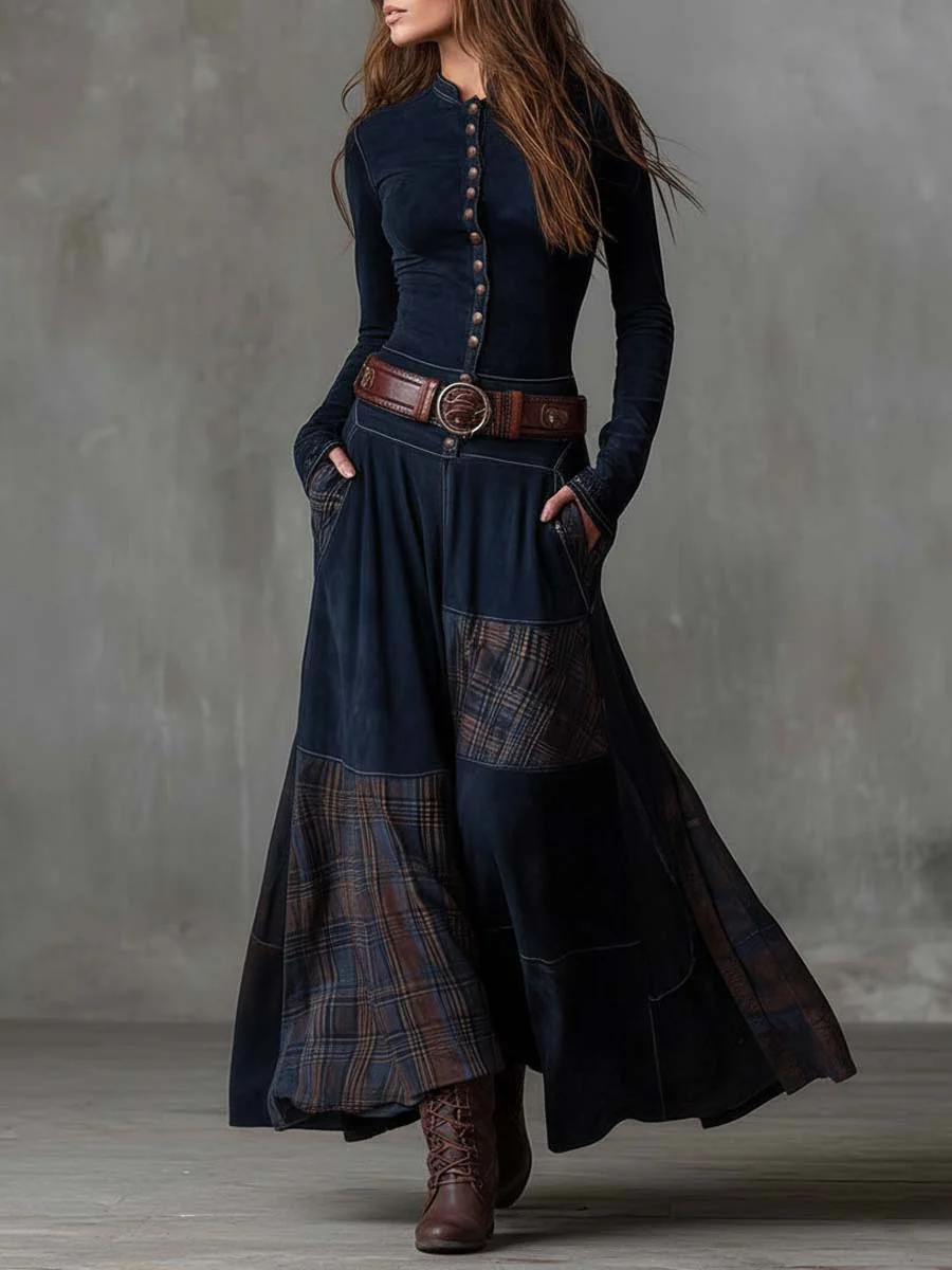 Navy suede-look maxi dress with front buttons, leather belt, and plaid patchwork hem panels