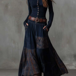 Navy suede-look maxi dress with front buttons, leather belt, and plaid patchwork hem panels