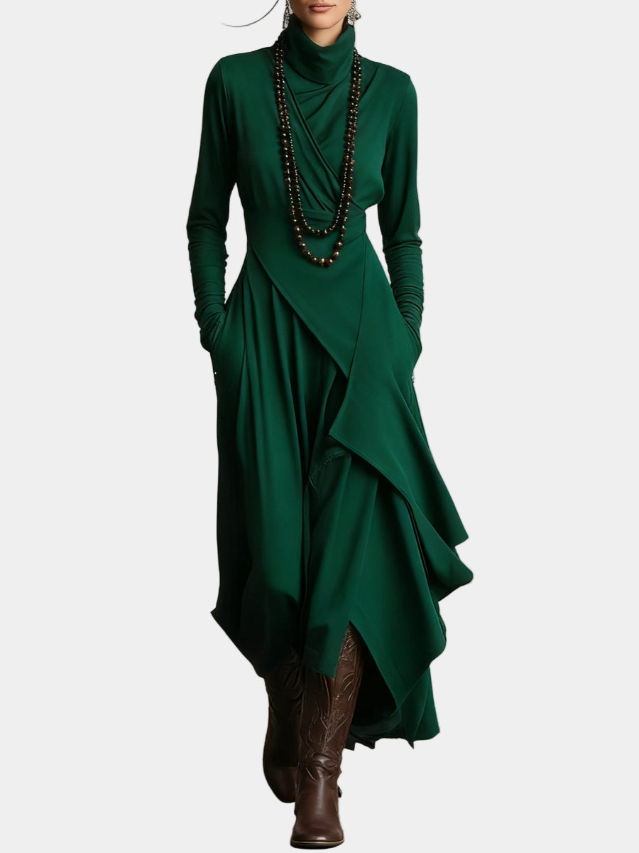 Asymmetric long dress, green, long sleeves, high neck, draped wrap front and layered skirt