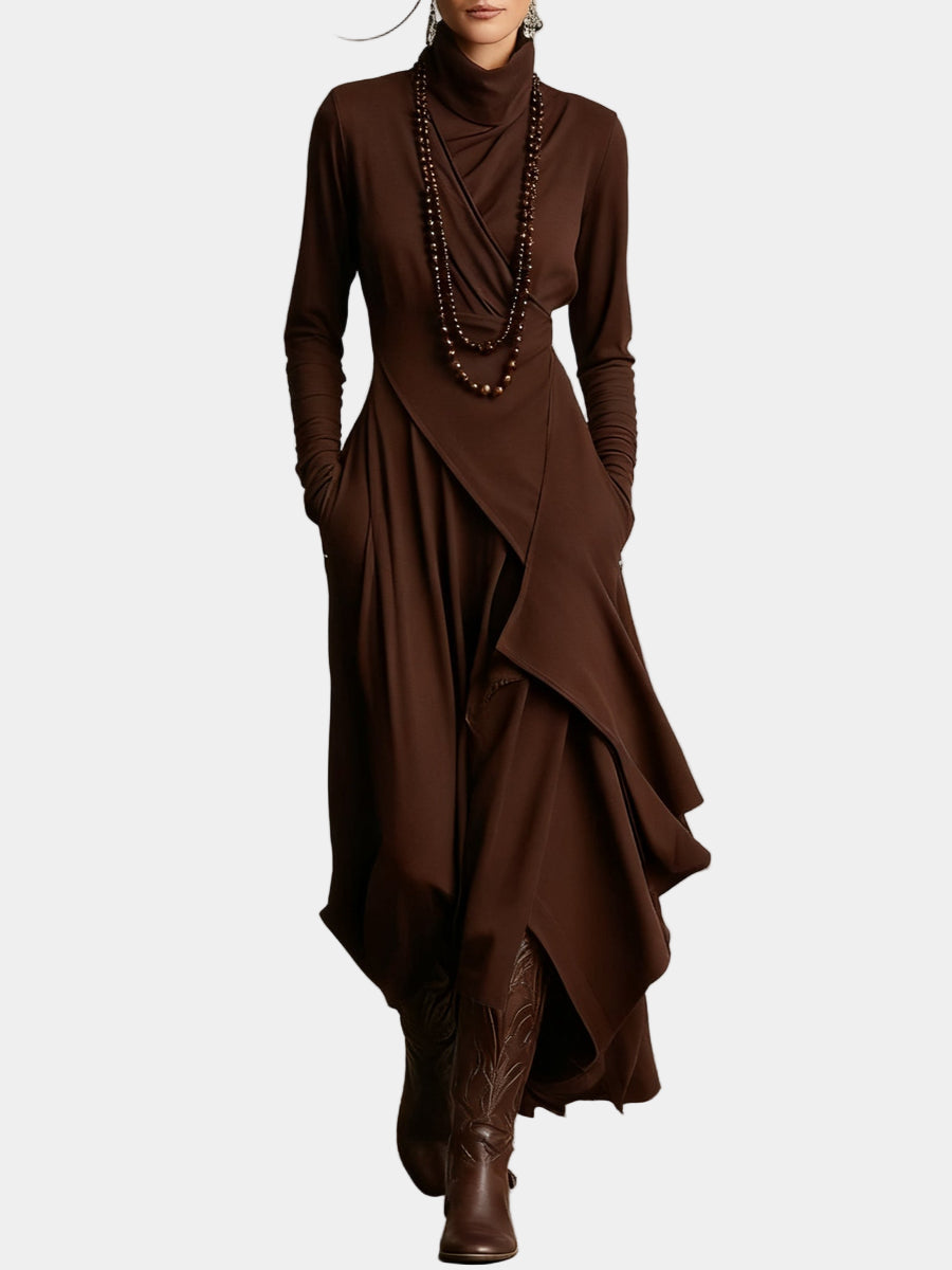 Asymmetric long dress, brown, long sleeves, high neck, draped wrap front and layered skirt