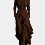 Asymmetric long dress, brown, long sleeves, high neck, draped wrap front and layered skirt