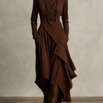 Brown asymmetric draped long dress with cowl neck and long sleeves
