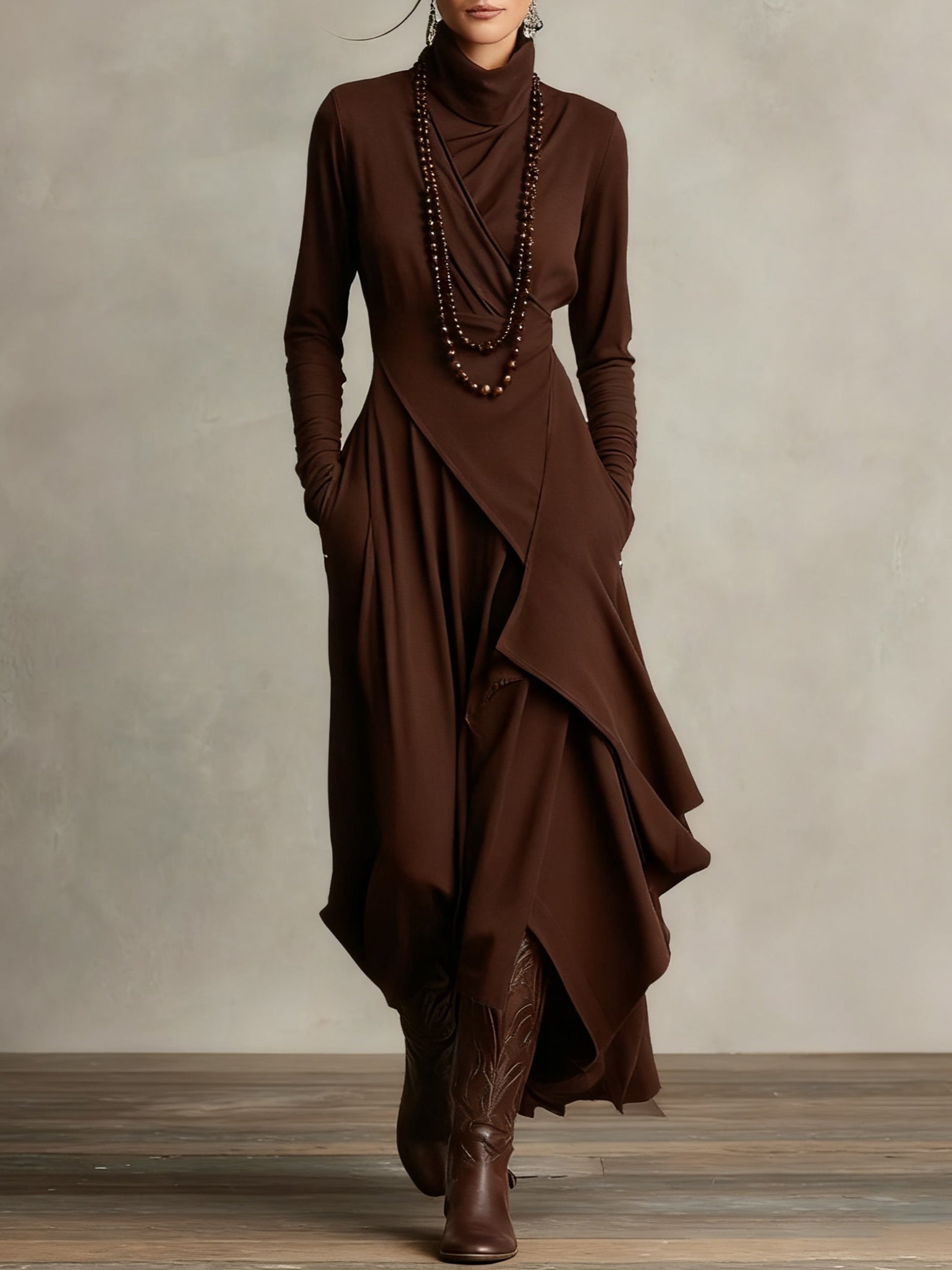 Brown asymmetric draped long dress with cowl neck and long sleeves