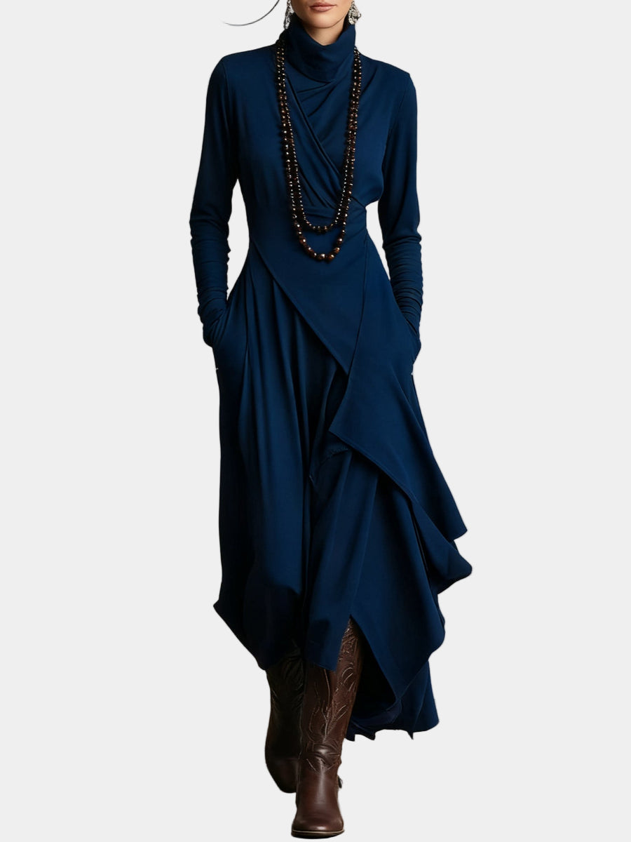 Asymmetric long dress, navy, long sleeves, high neck, side drape and layered skirt