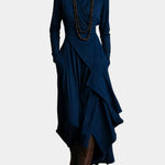 Asymmetric long dress, navy, long sleeves, high neck, side drape and layered skirt