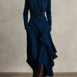 Navy asymmetric draped long dress with cowl neck and long sleeves
