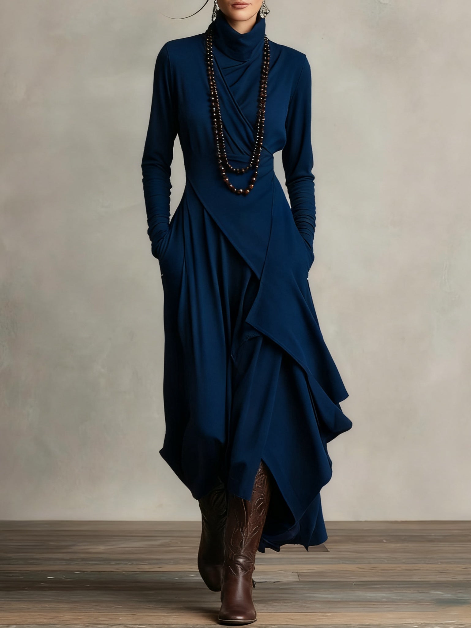 Navy asymmetric draped long dress with cowl neck and long sleeves