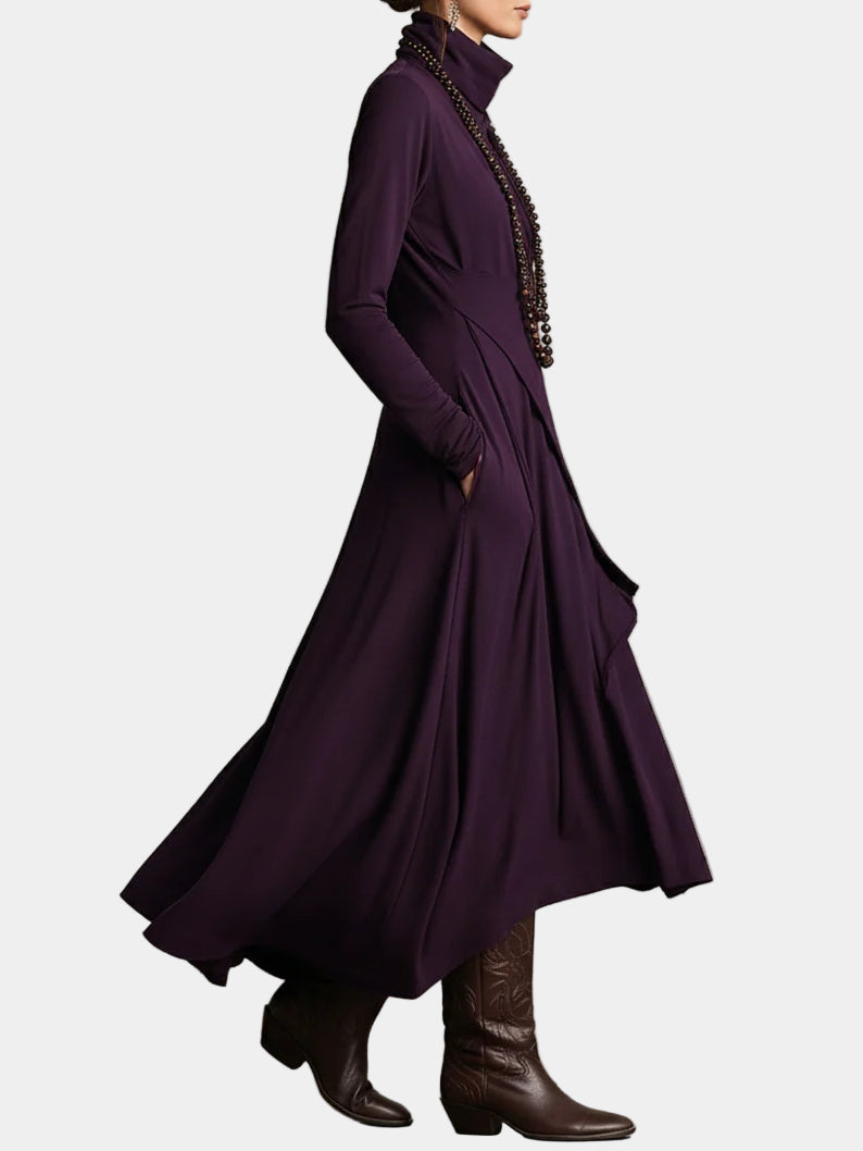 Asymmetric long dress, purple, long sleeves, high neck, flowing layered skirt with drape