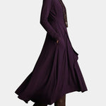 Asymmetric long dress, purple, long sleeves, high neck, flowing layered skirt with drape