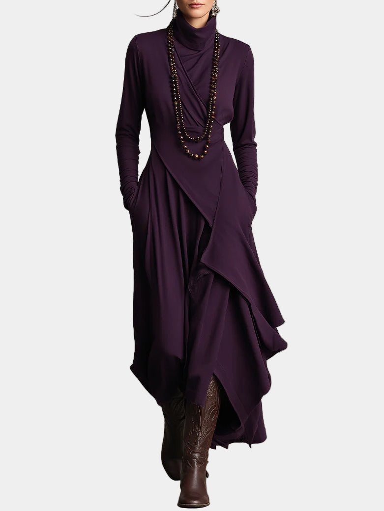 Asymmetric long dress, purple, long sleeves, high neck, draped wrap front and layered skirt