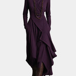 Asymmetric long dress, purple, long sleeves, high neck, draped wrap front and layered skirt