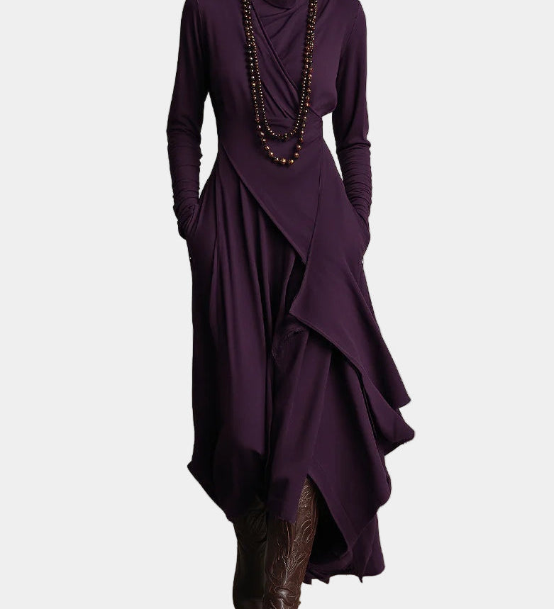 Asymmetric long dress, purple, long sleeves, high neck, draped wrap front and layered skirt