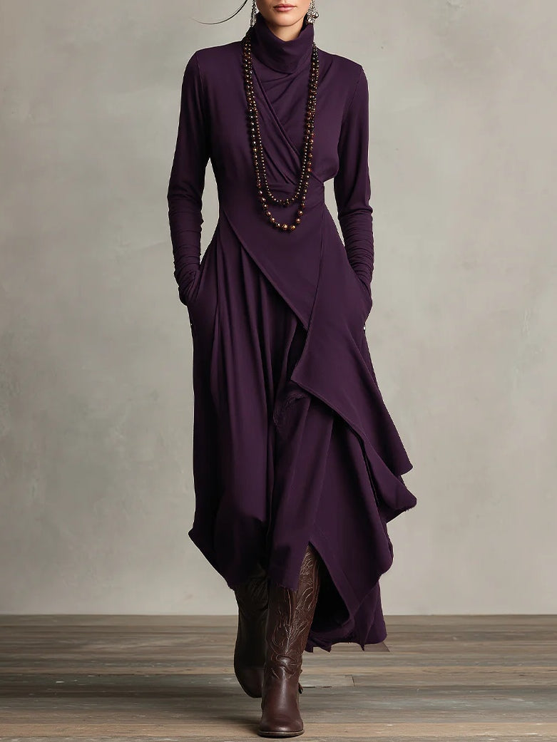 Purple asymmetric draped long dress with cowl neck and long sleeves