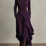 Purple asymmetric draped long dress with cowl neck and long sleeves