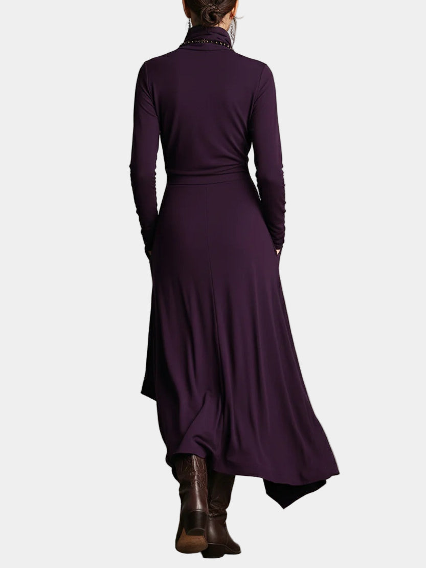 Asymmetric long dress, dark purple, long sleeves, high neck, rear layered drape hem