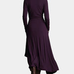 Asymmetric long dress, dark purple, long sleeves, high neck, rear layered drape hem