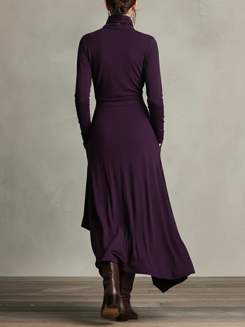 Back view of purple asymmetric draped long dress with long sleeves, cowl neck