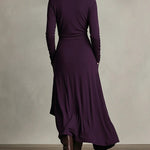 Back view of purple asymmetric draped long dress with long sleeves, cowl neck