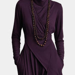 Asymmetric long dress, dark purple, long sleeves, high neck, side drape and layered hem