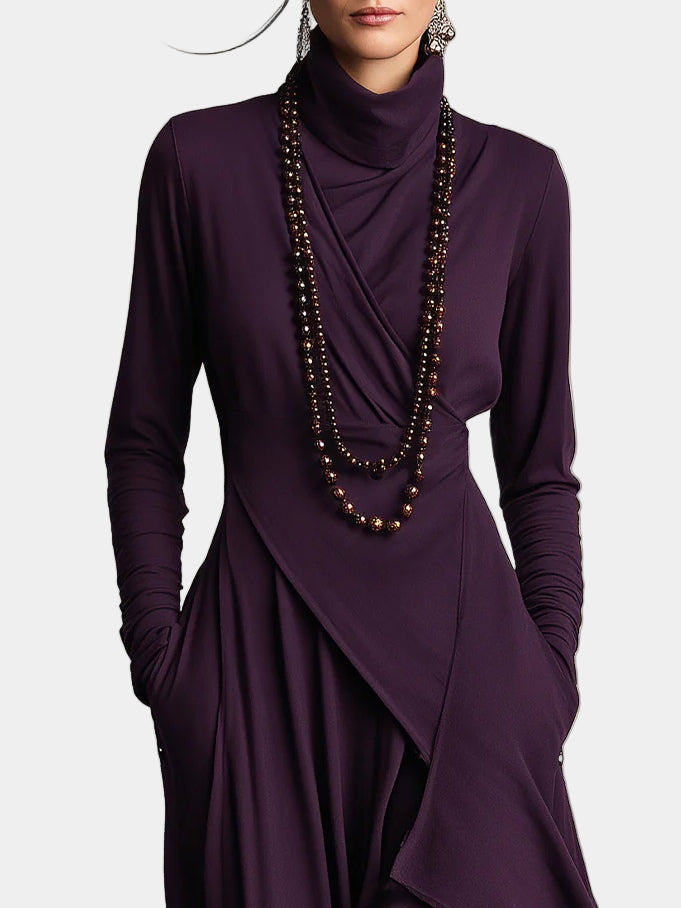 Asymmetric long dress, dark purple, long sleeves, high neck, side drape and layered hem
