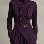 Purple asymmetric draped long dress with cowl neck, long sleeves