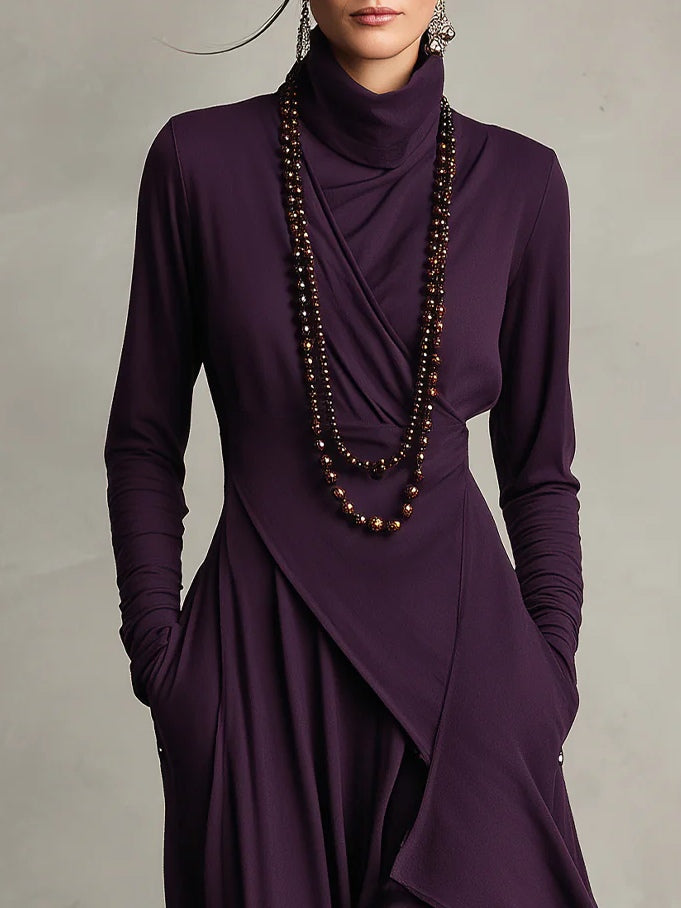 Purple asymmetric draped long dress with cowl neck, long sleeves