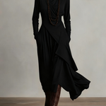 Black asymmetric draped long dress with cowl neck and long sleeves