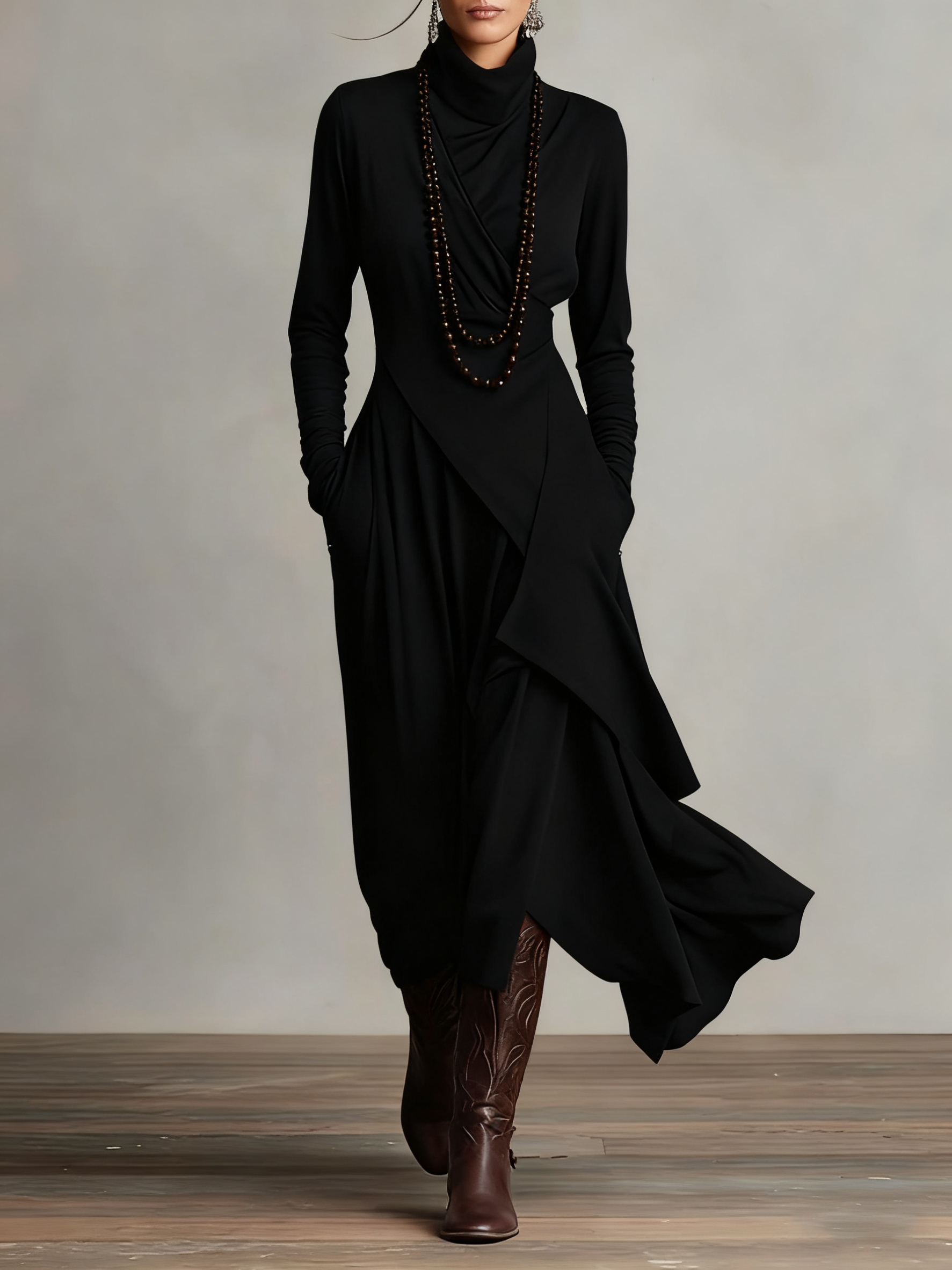 Black asymmetric draped long dress with cowl neck and long sleeves