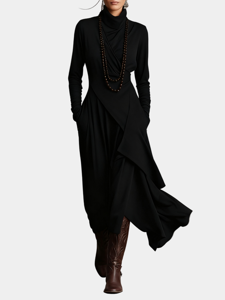 Asymmetric long dress, black, long sleeves, high neck, draped wrap front and layered skirt