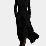 Asymmetric long dress, black, long sleeves, high neck, draped wrap front and layered skirt