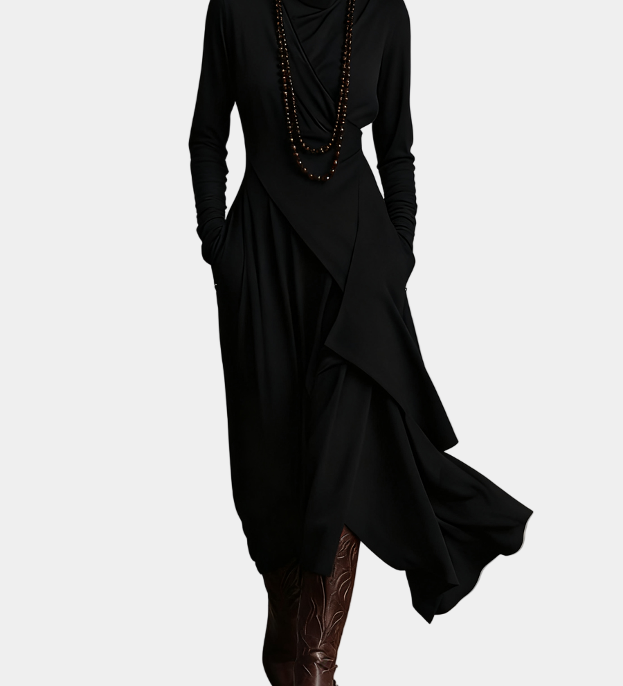 Asymmetric long dress, black, long sleeves, high neck, draped wrap front and layered skirt