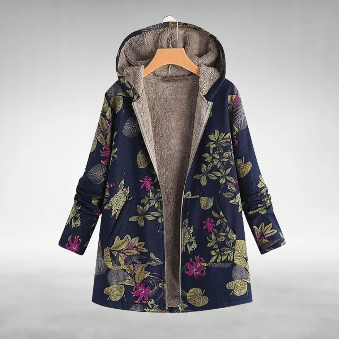 Hooded floral jacket with gray lining and zipper front, dark navy with multicolor leaves