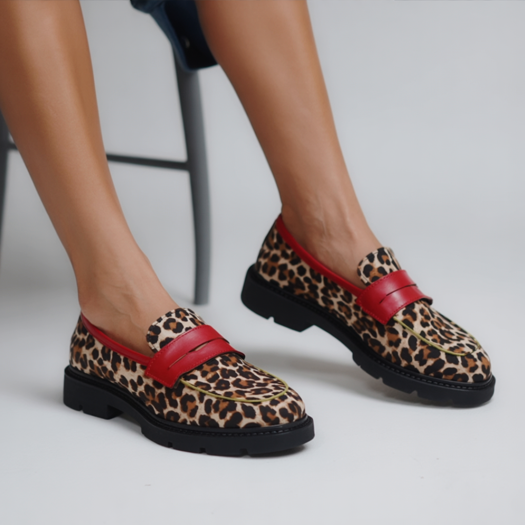 Leopard-print moccasin loafers with red strap and black platform sole