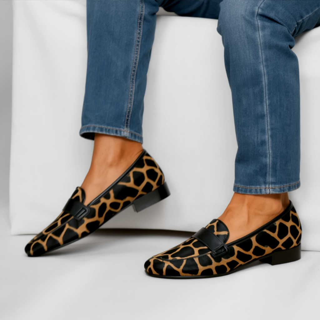 Women’s leopard-print flats with black buckle Mary strap and low block heel, pair view