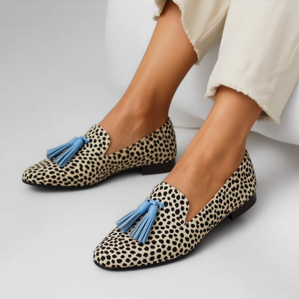 Tassel loafers in cream leopard print with blue tassels and low heel