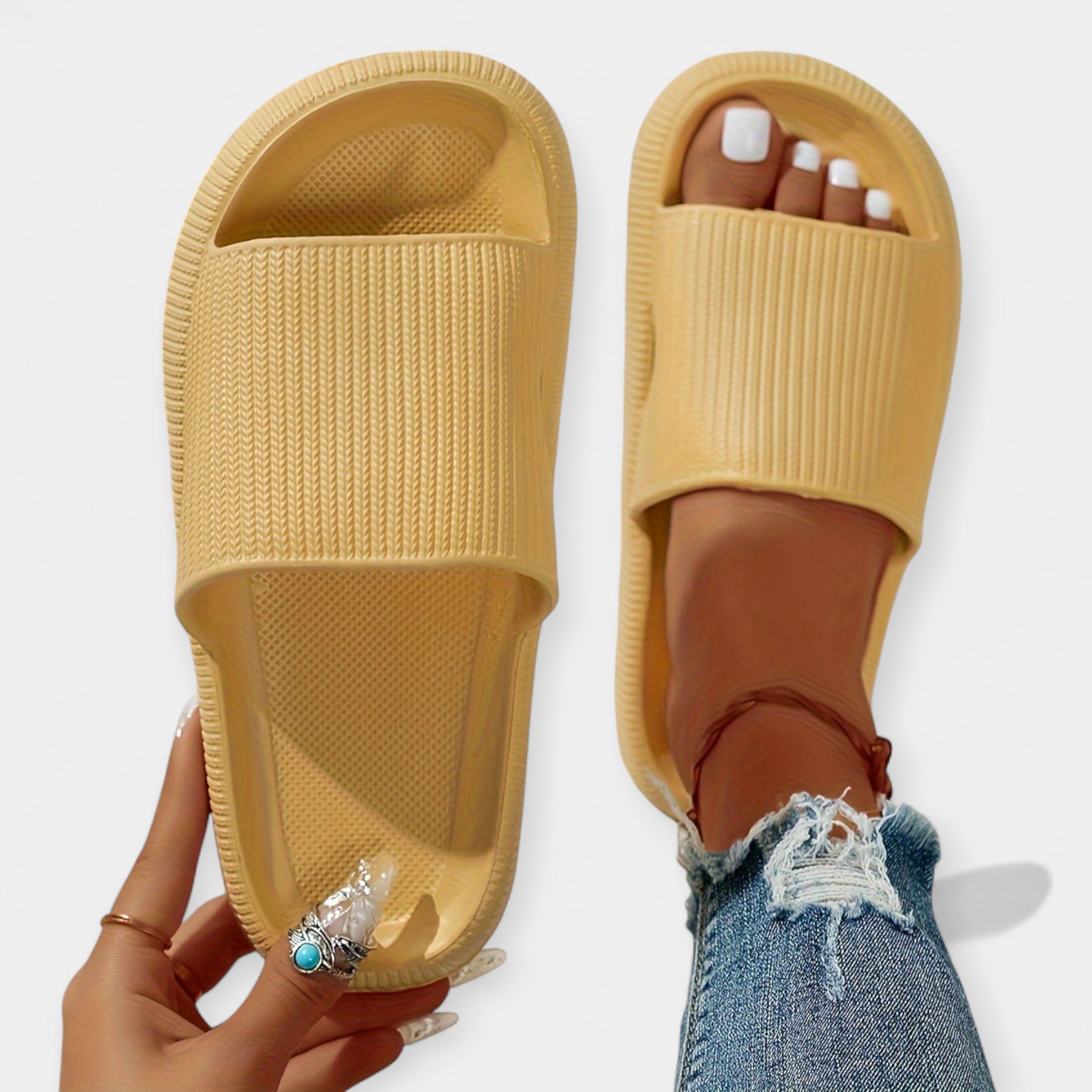 Mustard yellow slide sandals with textured footbed and open toe