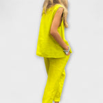Yellow sleeveless tunic top and matching wide-leg pants, linen-cotton blend