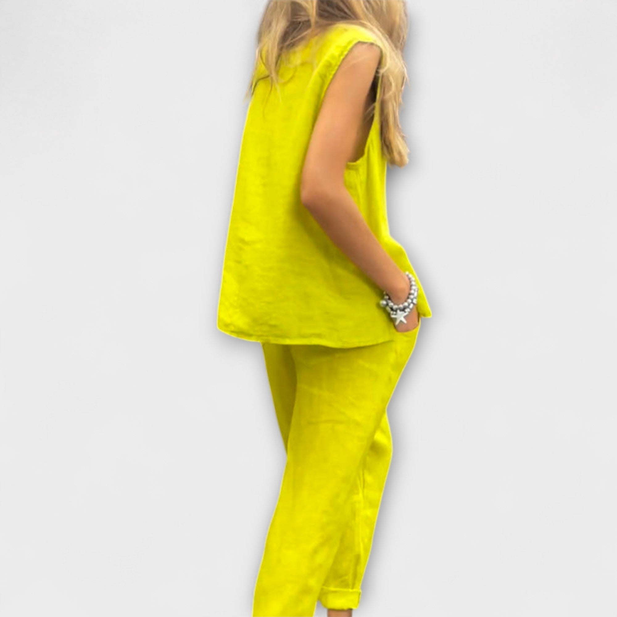 Yellow sleeveless tunic top and matching wide-leg pants, linen-cotton blend